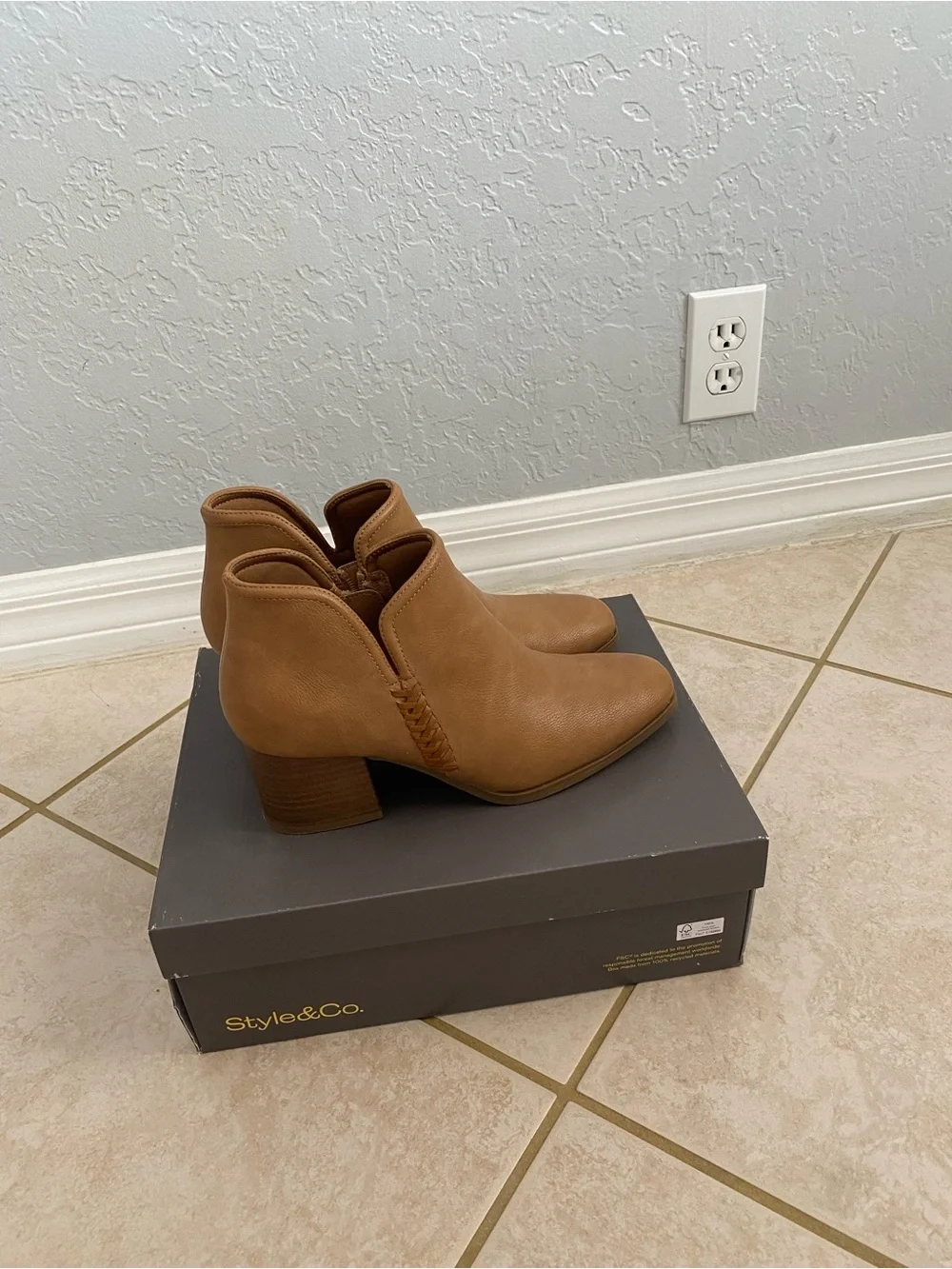Style & Co. Tan Cognac Ankle Booties Block Heel Side Zip NIB